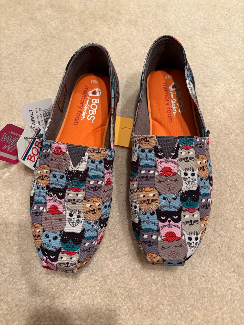 Skechers BOBS Cat Print Slip-On Flats in Gray, Blue, Pink, Orange